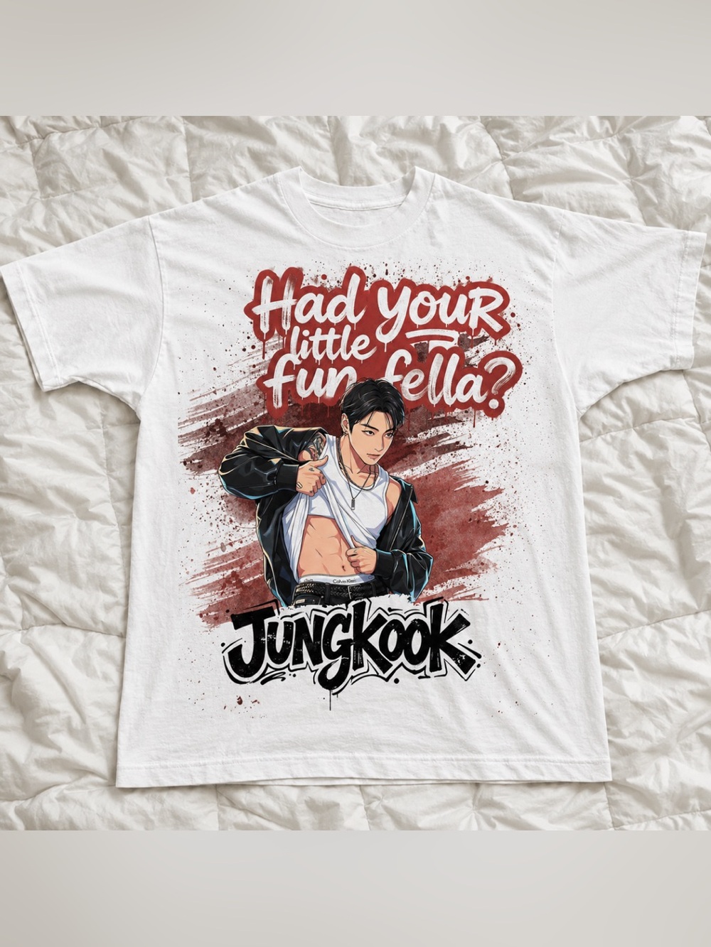 Vintage White Jungkook BTS Graphic Tee with Red Print Gift For Army